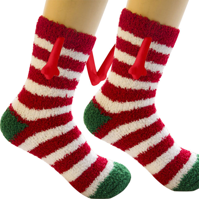 Christmas Supplies Magnetic Suction Hand In Hand Couple Socks - Coral Fleece Tube Socks Warm Slipper Bed Socks Winter Soft Warm Slipper