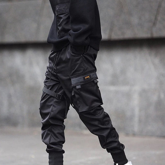Men Black Hip Hop Cargo Pants - Elastic Waist Jogger Trousers, Sweatpants Pockets, Full Length Casual Fashion