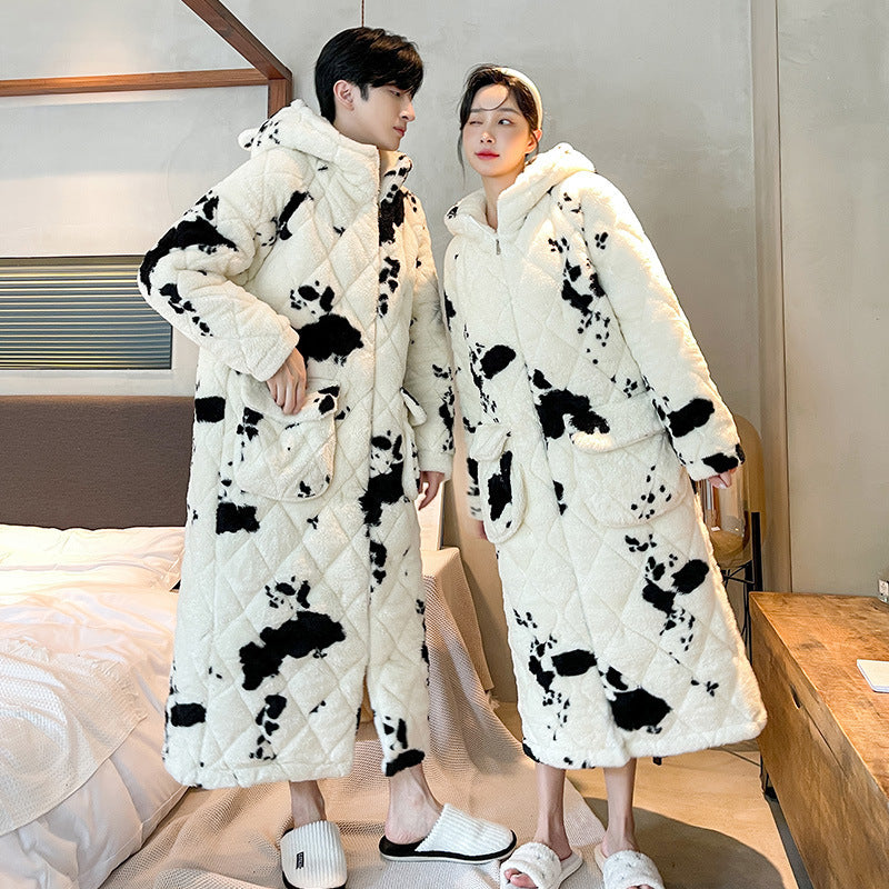 Men's Winter Quilted Cow Pajamas - Thick Coral Fleece Bathrobe Homewear Nightgown