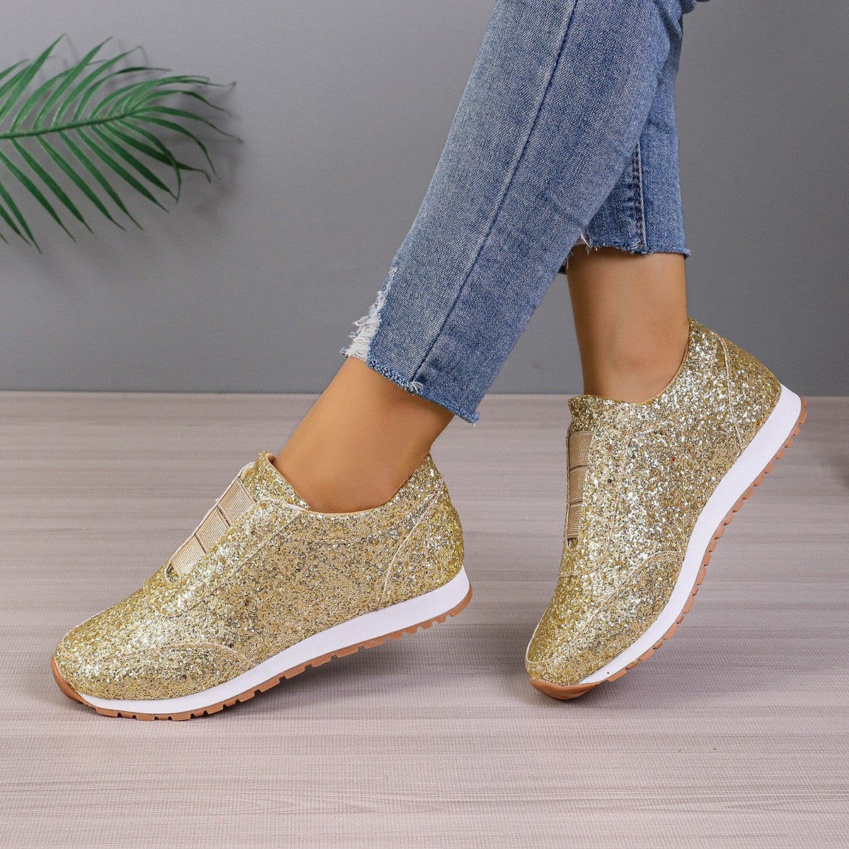 Gold Silver Sequined Flats Running Shoes