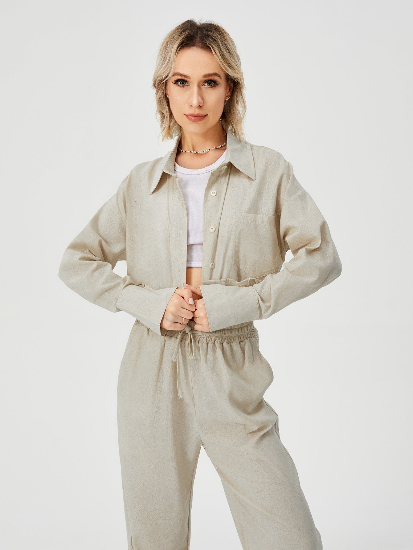 Women Two Piece Loungewear - Women Long Sleeve Button Down Wide Leg Pajama Set