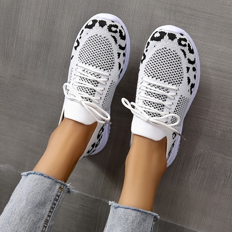 White Shoes - Women Leopard Print Lace-up Sneakers
