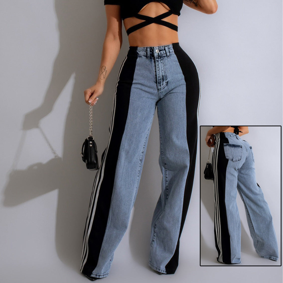 Stylish High Waist Elastic Baggy Pant -  Three Stripe Patchwork Denim Wide Leg Pants Streetwear