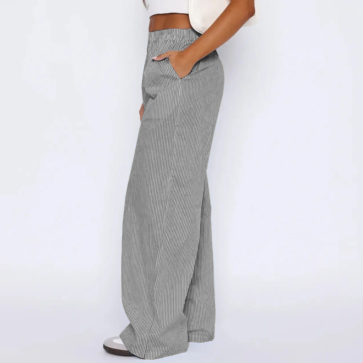 Striped Wide Leg Straight Pants With Pockets