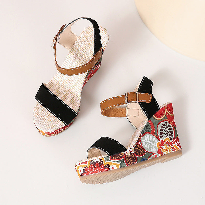 Fashion Flowers Embroidered High Wedge Sandals For Women - Summer Toe Platform Buckle Shoes