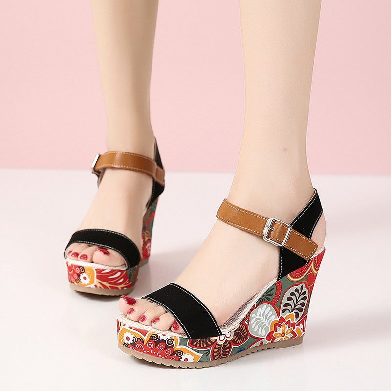 Fashion Flowers Embroidered High Wedge Sandals For Women - Summer Toe Platform Buckle Shoes