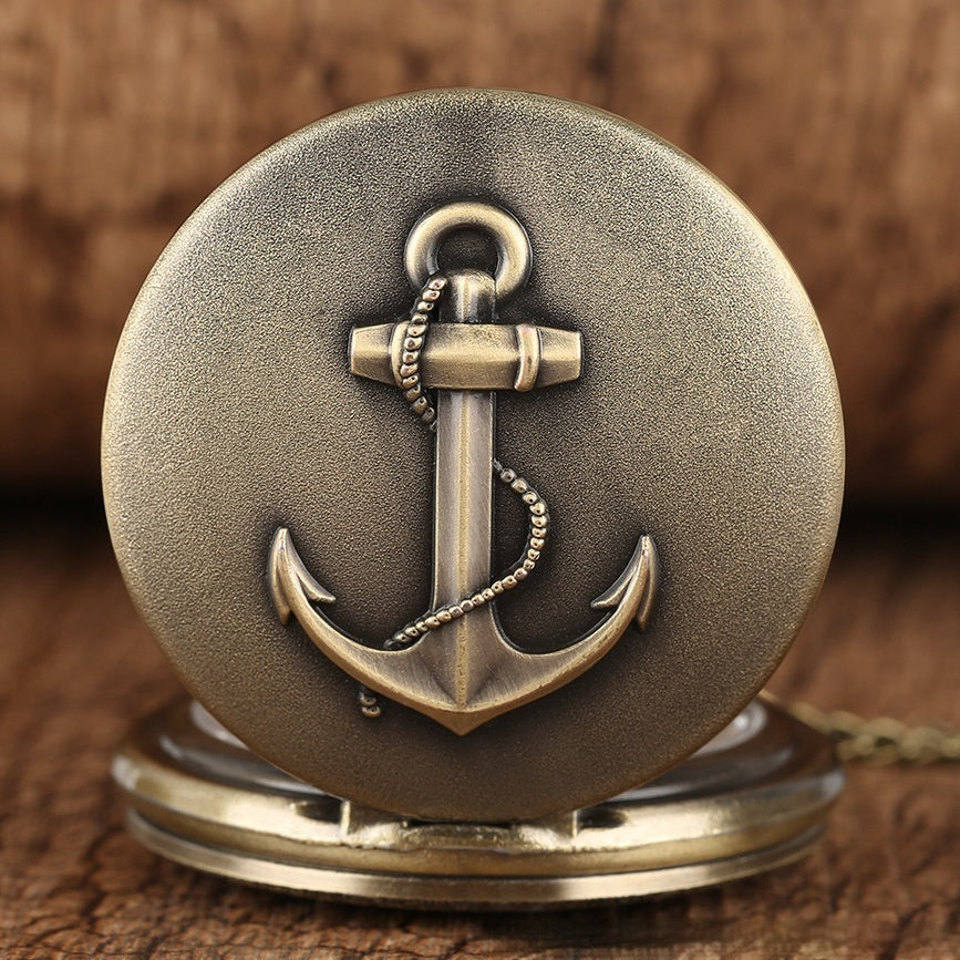 Retro Bronze Boat Anchor Pattern Roman Literal Quartz Large Pocket Watch