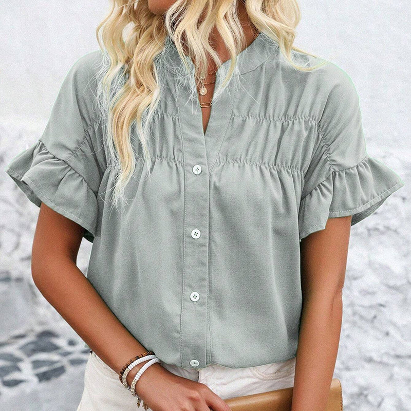 Womens Summer Ruffle Short Sleeve Button Down Shirts Dressy Casual V Neck Business Work Blouses