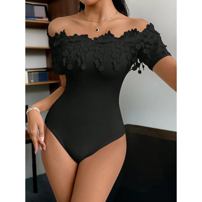 Sexy Lace design Body Suit - Women's Off Shoulder Short Sleeve Bodysuit Sexy Lace Bodycon Top