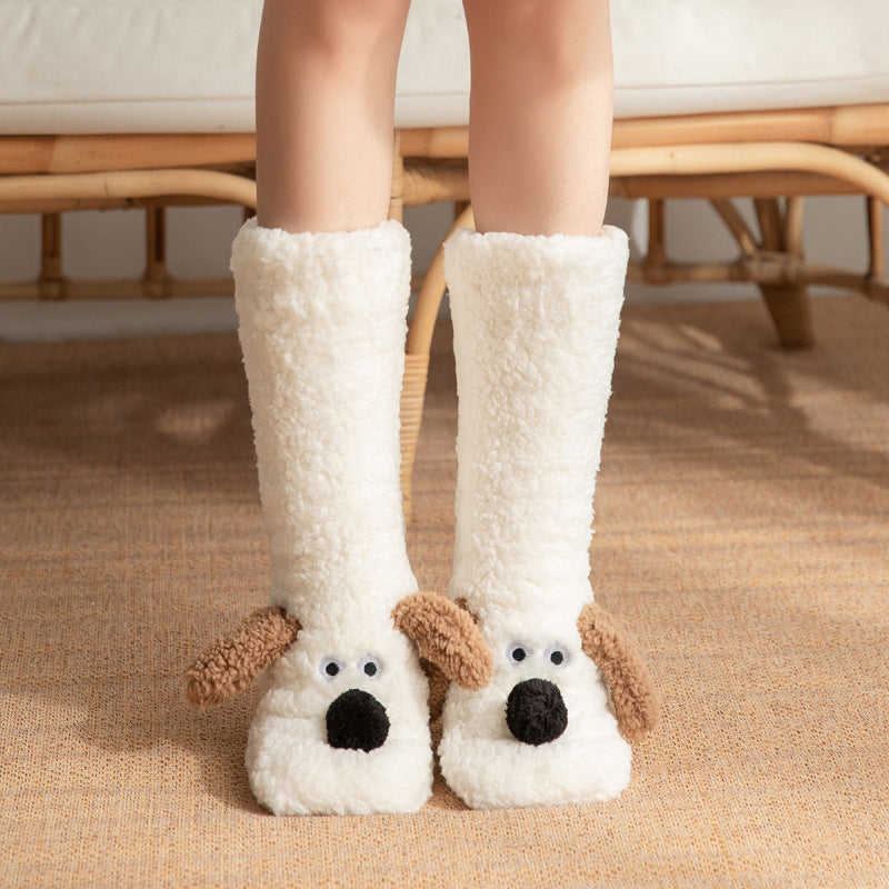 Cute Cartoon Dog Floor Socks - Winter Warm Non-slip Plush Socks For Women