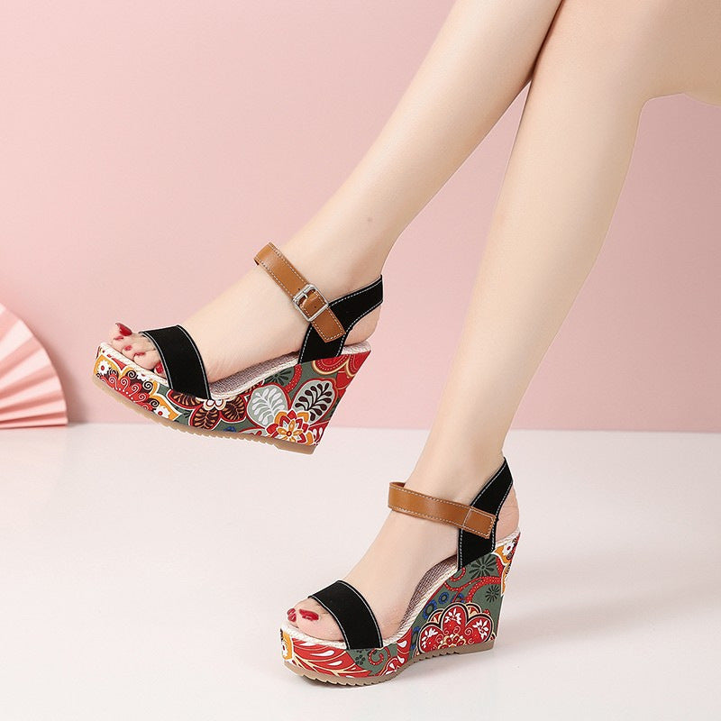 Fashion Flowers Embroidered High Wedge Sandals For Women - Summer Toe Platform Buckle Shoes