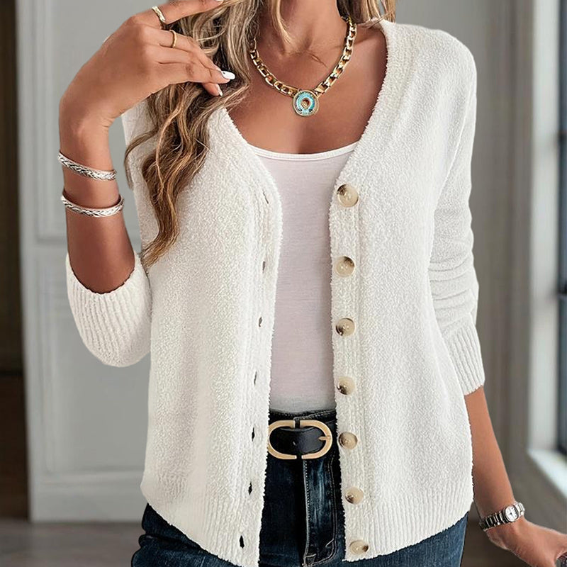 Women's V-Neck Button Cardigan - Front Button Long Sleeve Knit Cardigan For Spring & Fall Elegant For Casual Wear