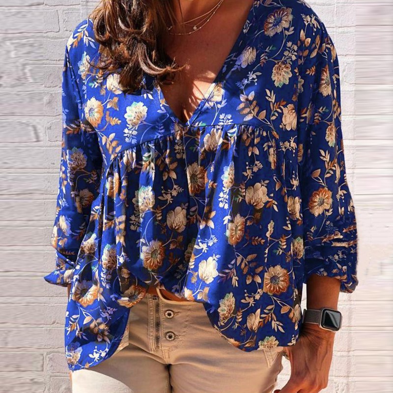 Floral V-neck Long Sleeved Blouse