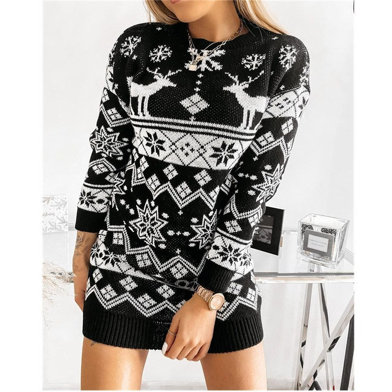 Elk Snowflake Christmas Jacquard Knitted Dress - Long Knitted Sweaters
