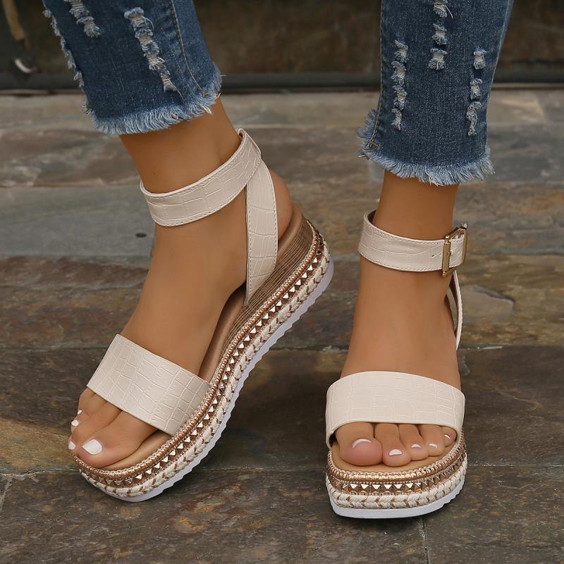 Summer Sandals Buckle Strap - Hemp Wedges Platform Peep Toe Shoes Women