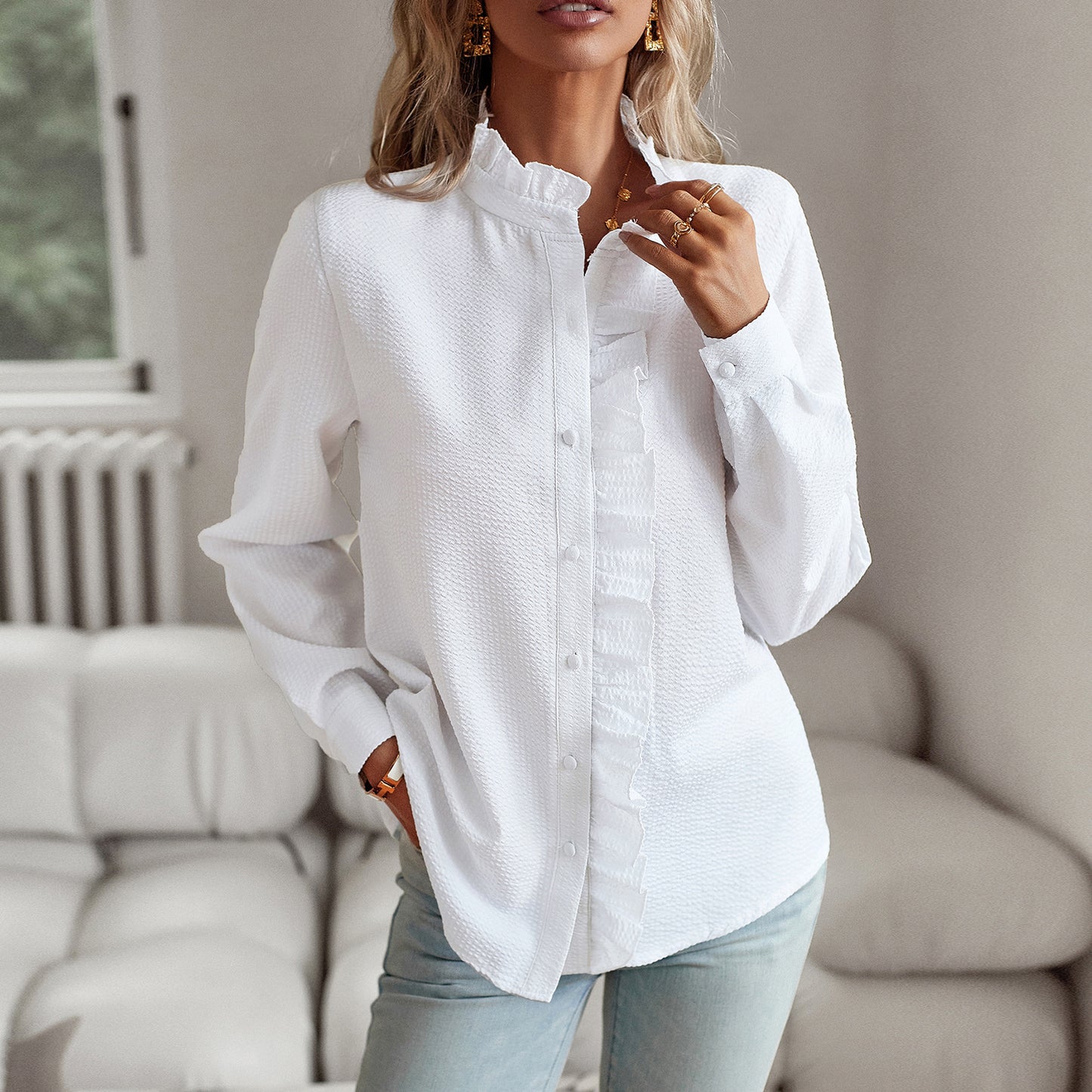 Striped Long Sleeve Shirt - Fashion Ruffle Design Button Up Tops Casual Office Blouse Elegant Commuting Women's Clothing