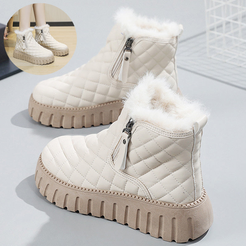 Women's Plaid Pattern Platform Ankle Boots - Casual Side Zipper Plush Lined Snow Boots Winter Comfortable Short Boots