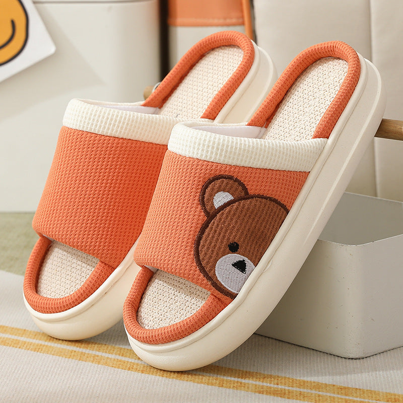 Cute Cartoon Bear Linen Slippers For Women -- Indoor Non-slip Sweat-absorbent Breathable Slip On Floor Bedroom Slipper House Shoes