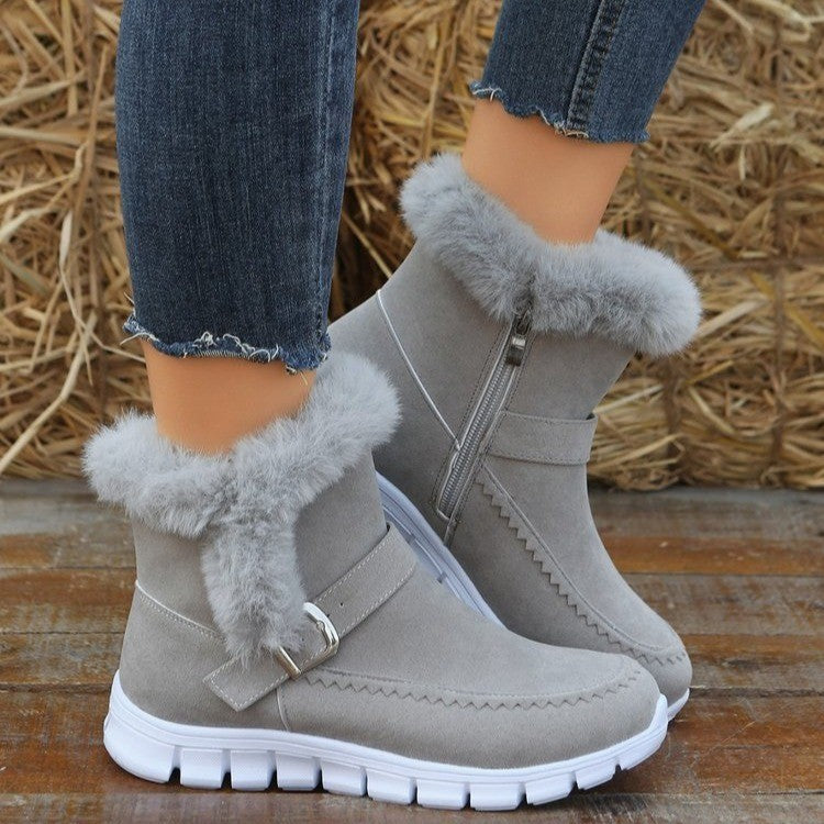 New Snow Boots - Winter Warm Thickened Solid Color Plush Ankle Boots With Buckle Design Plus Velvet Flat Shoes For Women