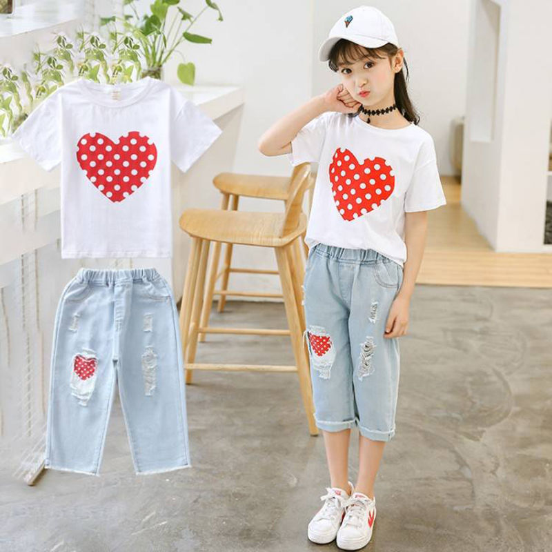 Girls White T-shirt & Ripped Jeans Kids Suit