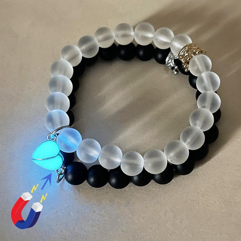 2pcs Handmade Crown Beaded Charms Bracelet - Luminous Heart Glow In The Dark Couple Bracelet For Lover Men Women Fluorescent Gift