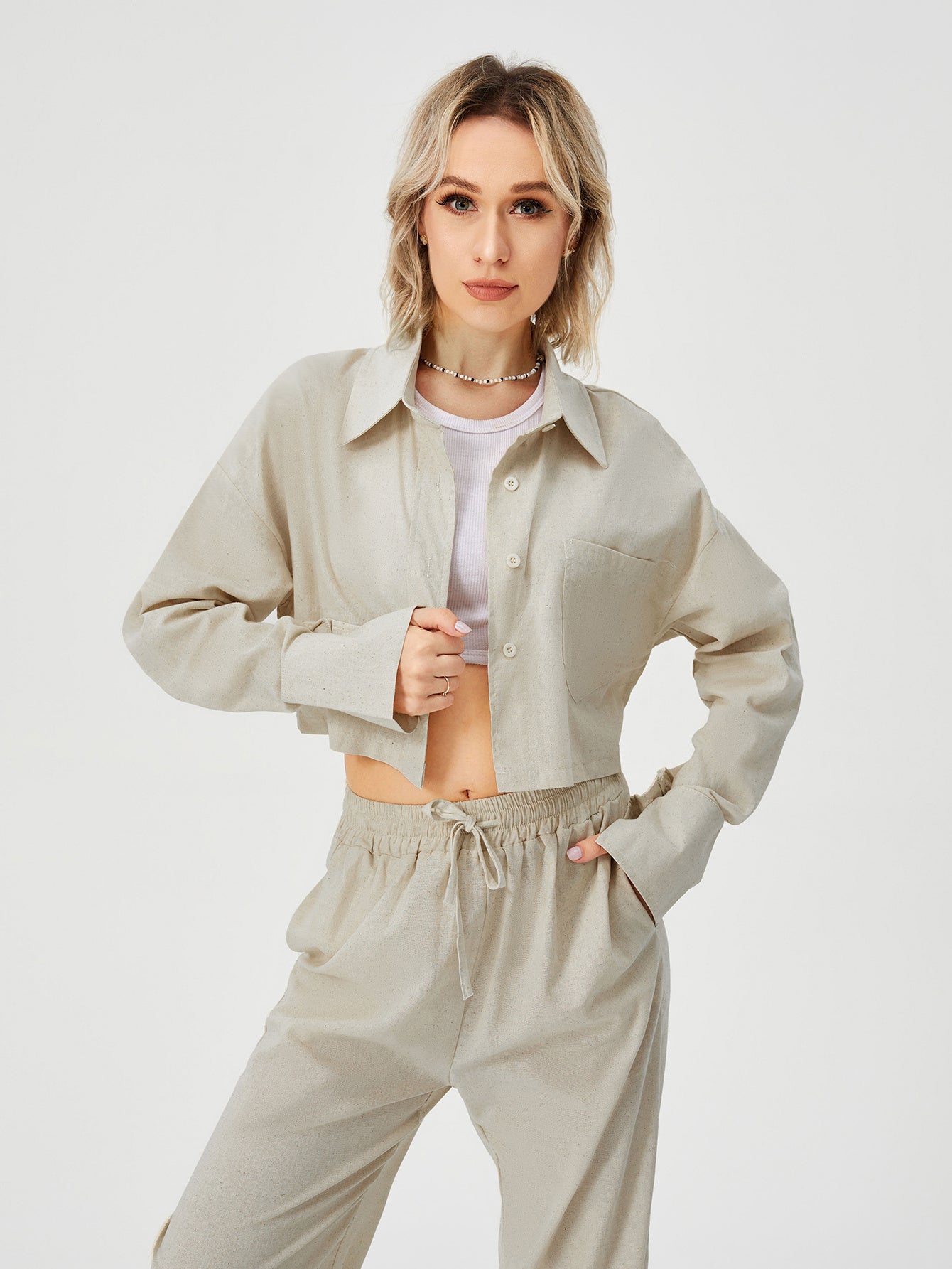 Women Two Piece Loungewear - Women Long Sleeve Button Down Wide Leg Pajama Set