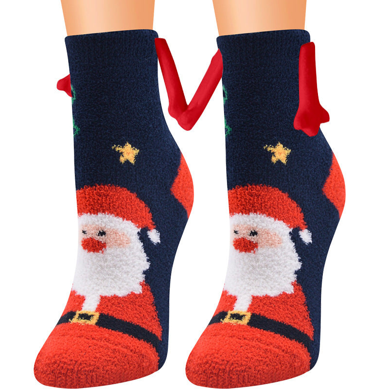 Christmas Supplies Magnetic Suction Hand In Hand Couple Socks - Coral Fleece Tube Socks Warm Slipper Bed Socks Winter Soft Warm Slipper