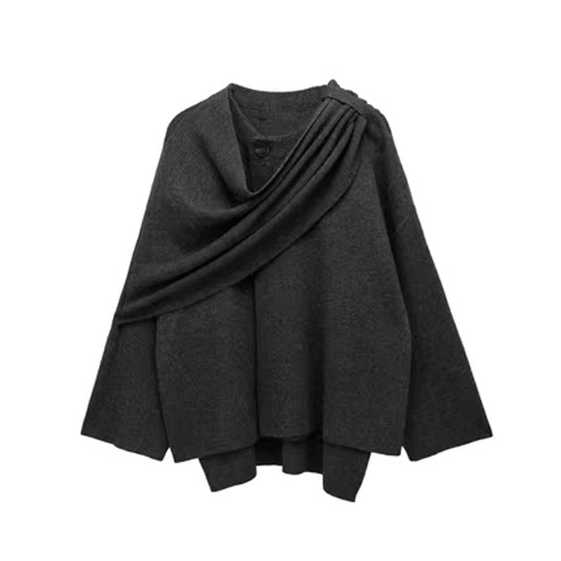 Solid Knitted Cardigan With Asymmetrical Scarf Design - Fashion Short Coat Women Overcoat Jacket Winter