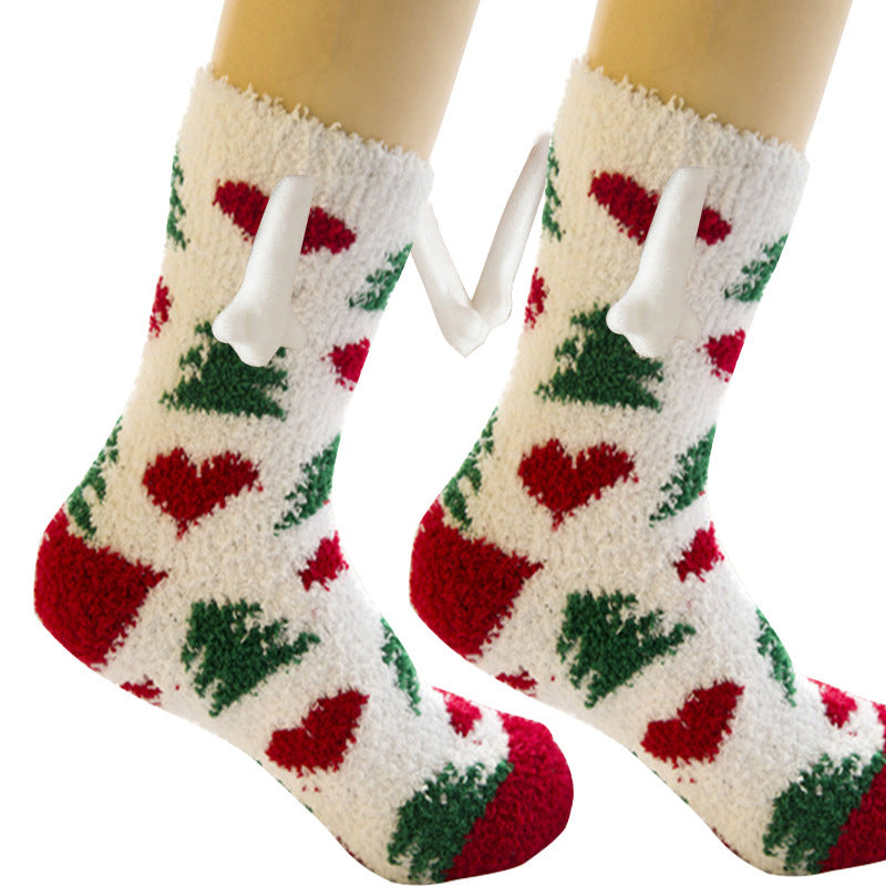 Christmas Supplies Magnetic Suction Hand In Hand Couple Socks - Coral Fleece Tube Socks Warm Slipper Bed Socks Winter Soft Warm Slipper