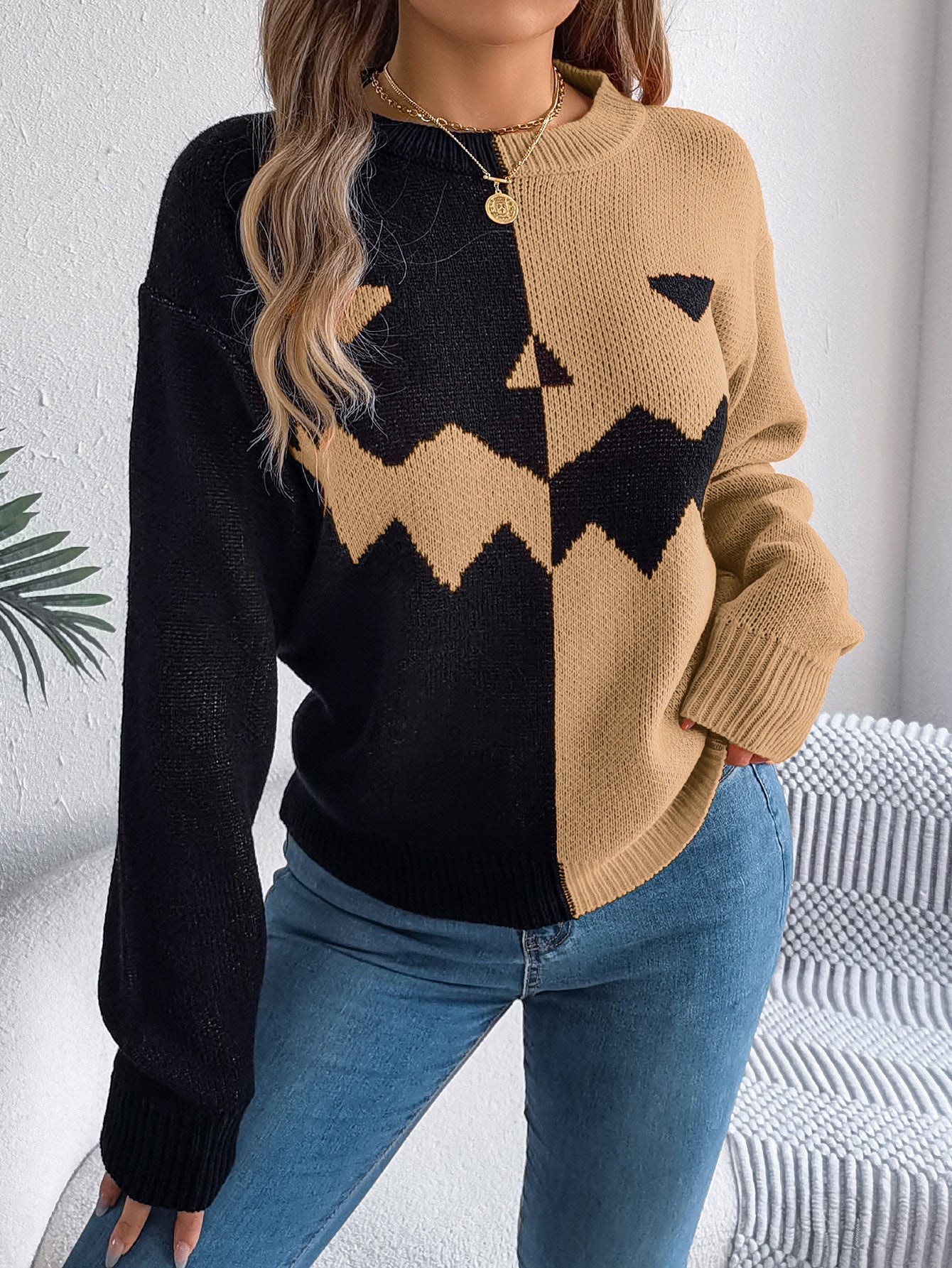 Halloween Contrast-color Pullover Sweater - Fashion Long Sleeve Knitted Tops For Womens Clothing
