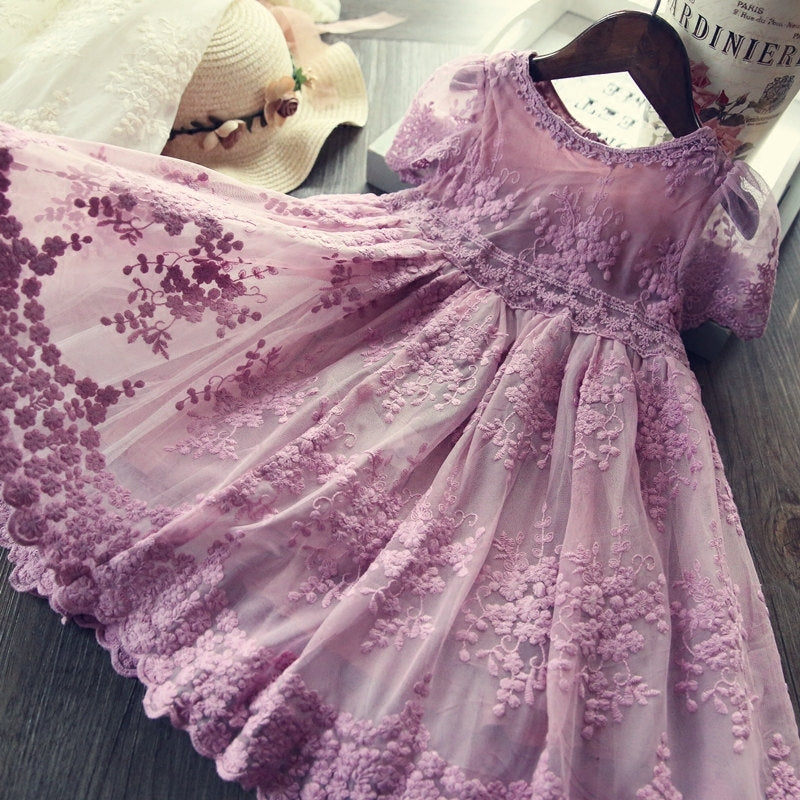Hollow Skirt Lace Long-sleeved Girls Princess Irregular Dress