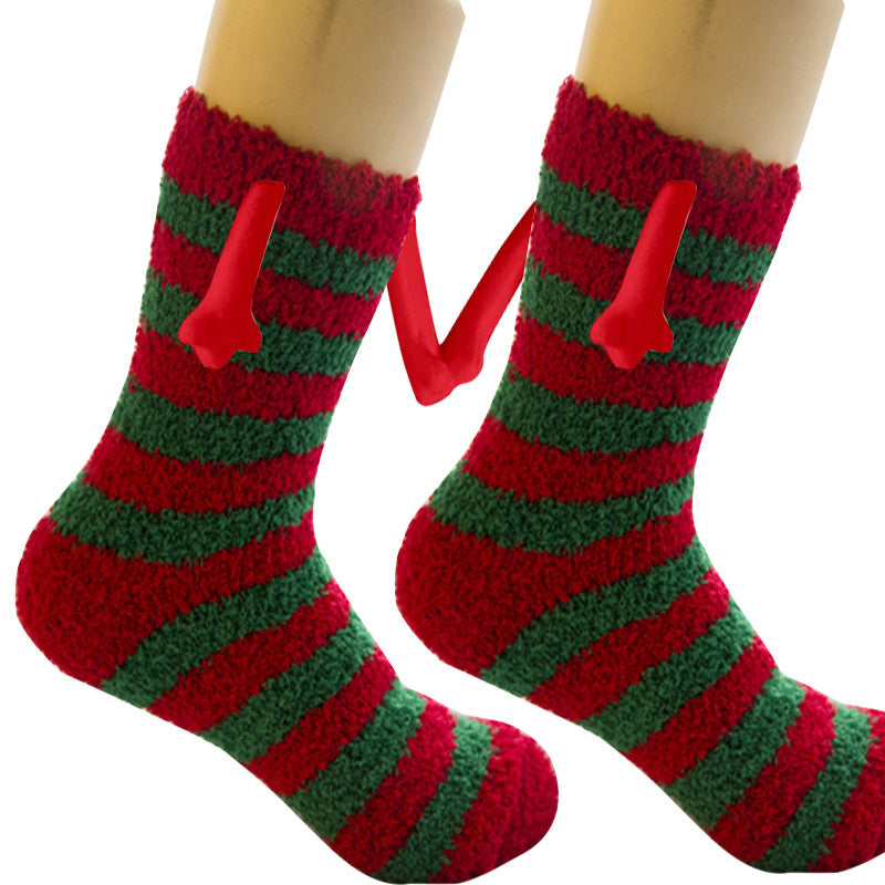 Christmas Supplies Magnetic Suction Hand In Hand Couple Socks - Coral Fleece Tube Socks Warm Slipper Bed Socks Winter Soft Warm Slipper
