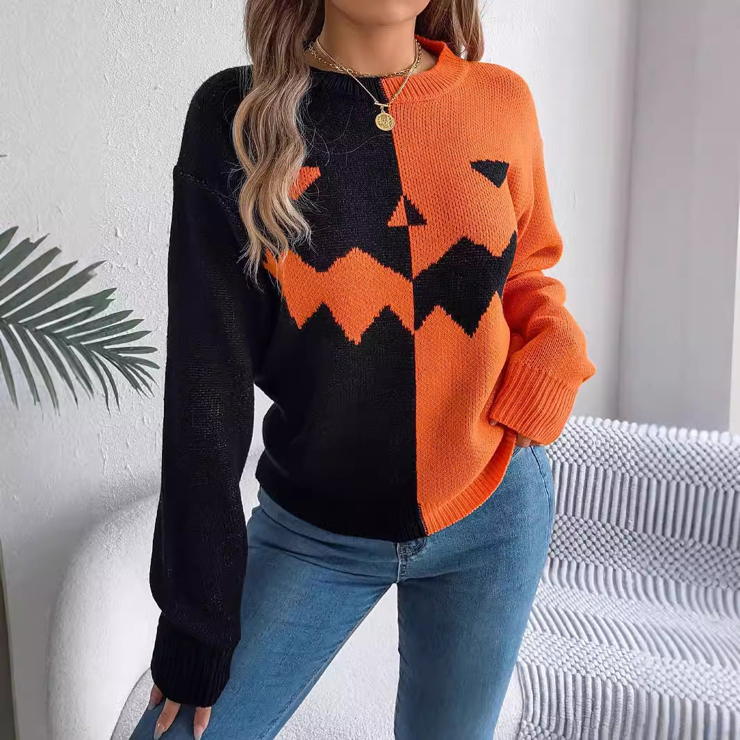 Halloween Contrast-color Pullover Sweater - Fashion Long Sleeve Knitted Tops For Womens Clothing