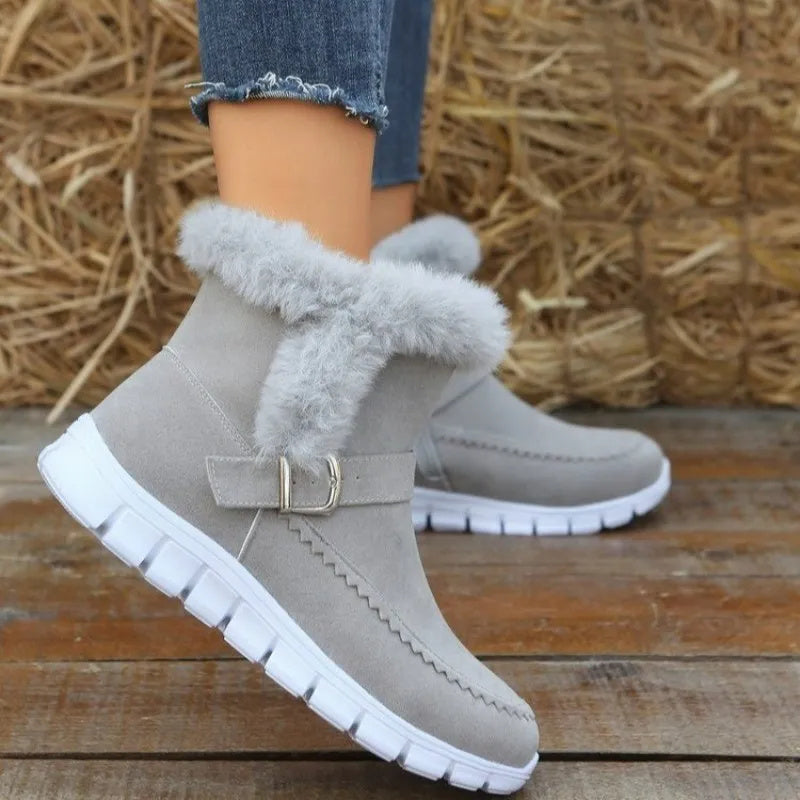 New Snow Boots - Winter Warm Thickened Solid Color Plush Ankle Boots With Buckle Design Plus Velvet Flat Shoes For Women