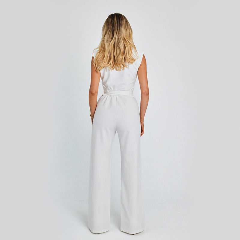 Elegant Long Sleeveless Jumpsuit - Summer V-neck Casual Wide Leg Long Overalls Clothing For Women