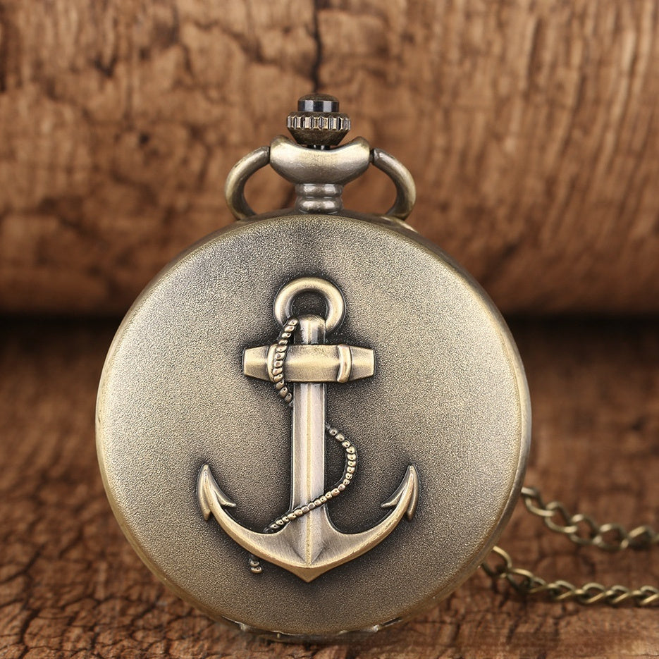 Retro Bronze Boat Anchor Pattern Roman Literal Quartz Large Pocket Watch