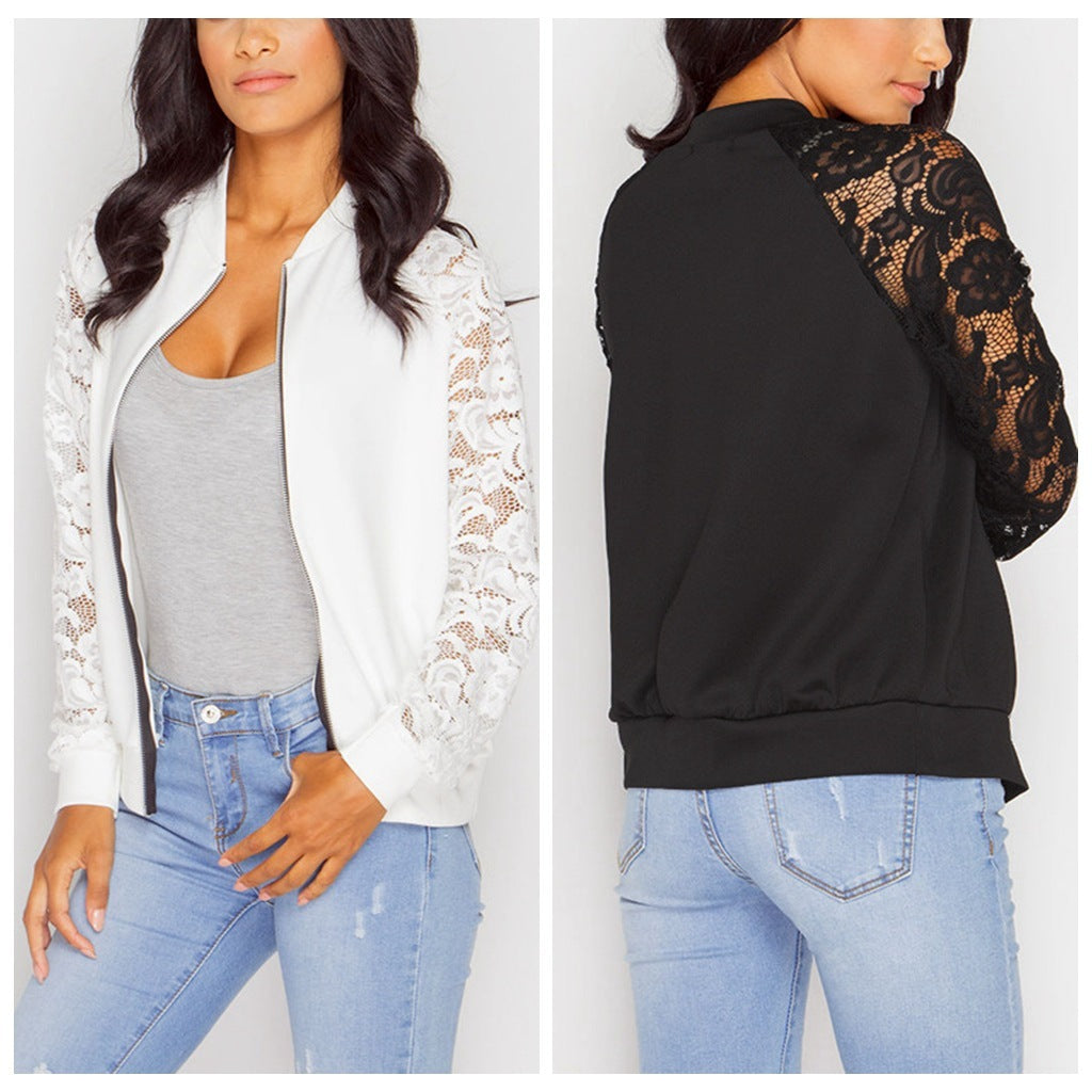 Women Bomber Jacket With Lace Sleeves