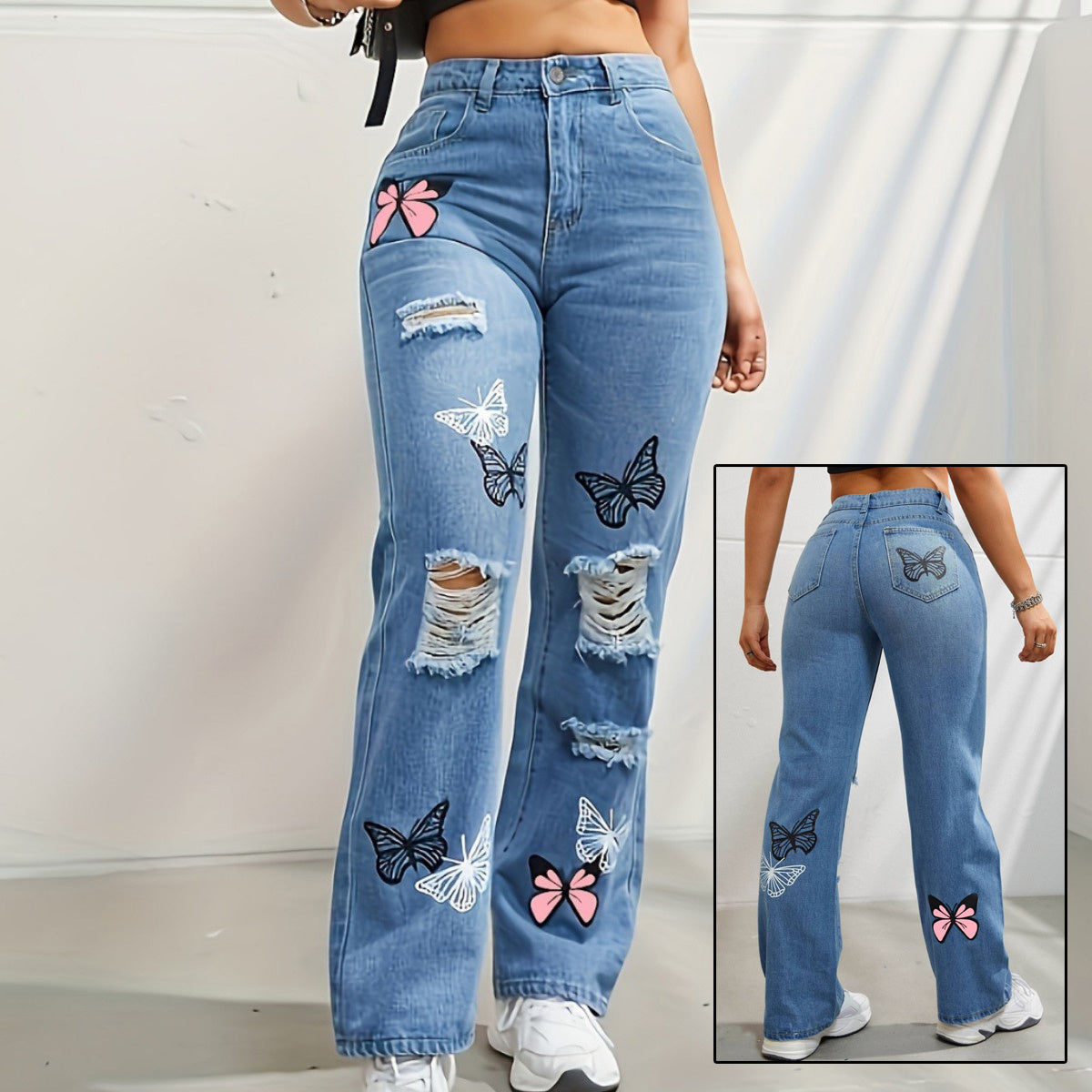 Butterfly Bliss High-Waisted Ripped Jeans – Trendy & Chic!  High Waisted Straight Leg Jeans For Women Trendy Butterfly Print Ripped Distressed Denim Pants - JumoShop