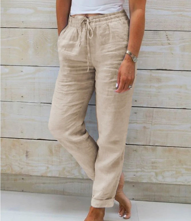 Cotton And Linen Women's High Waist Elastic Pant - Waist Solid Color Cotton And Linen Casual Pants