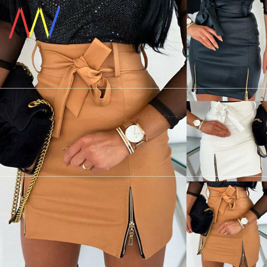 Women Bandage PU Leather Skirt - Ladies Short Mini Skirts