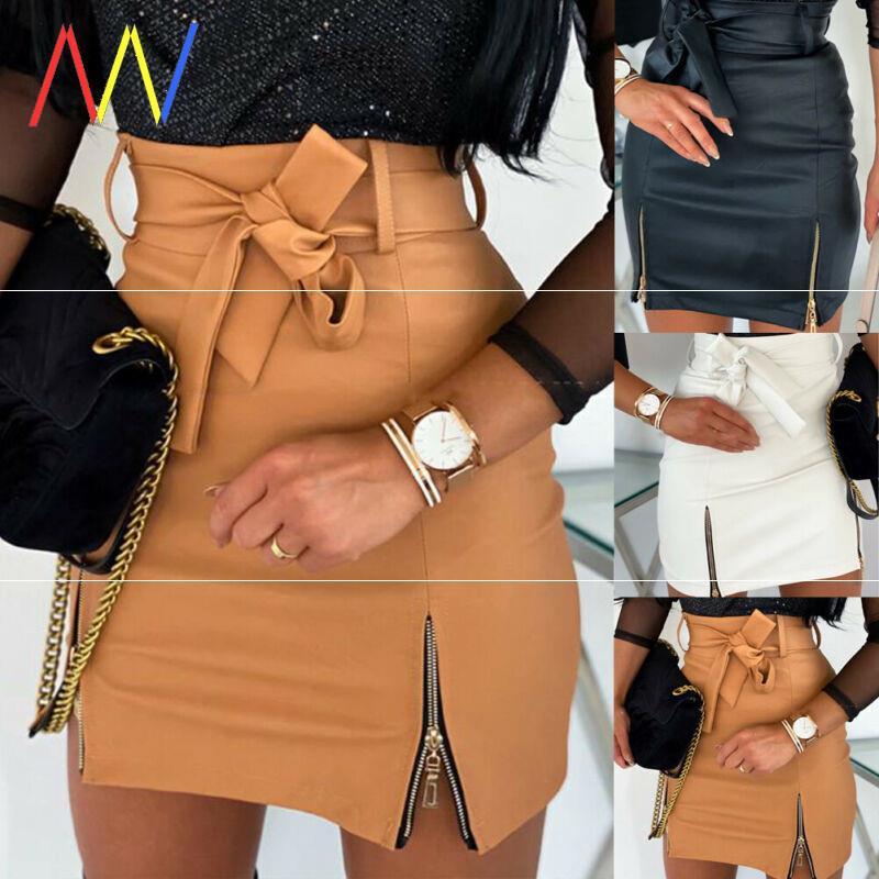 Women Bandage PU Leather Skirt - Ladies Short Mini Skirts