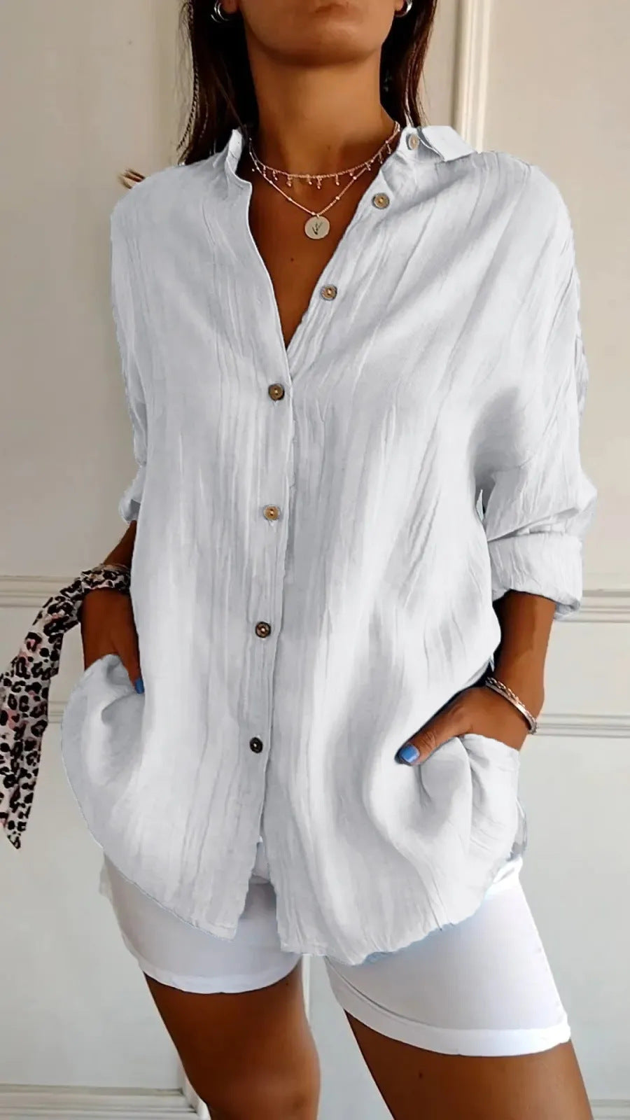 Lapel Long Sleeve Shirt - Women's Single-breasted Pleated Shirt