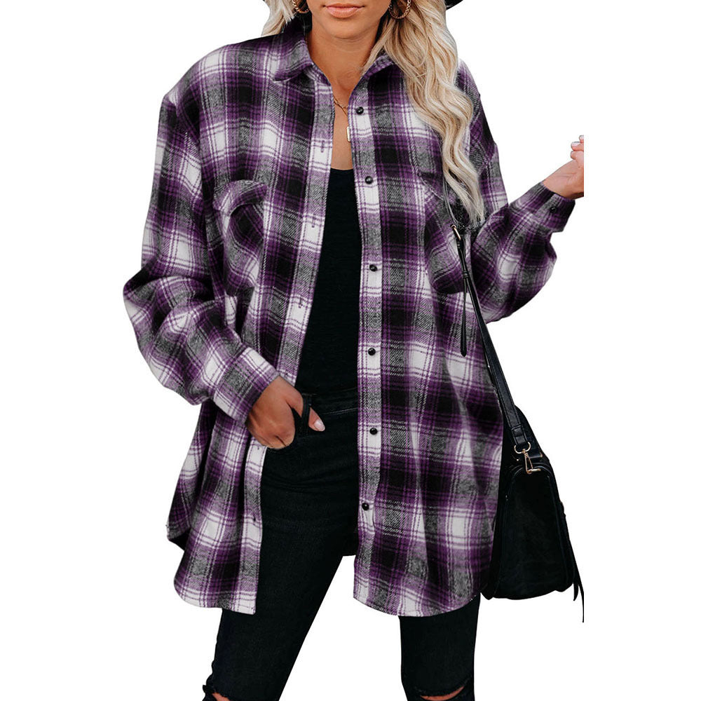 Plaid Spring Mid-length Loose Blouse - Turndown Collar Shirt Clothing