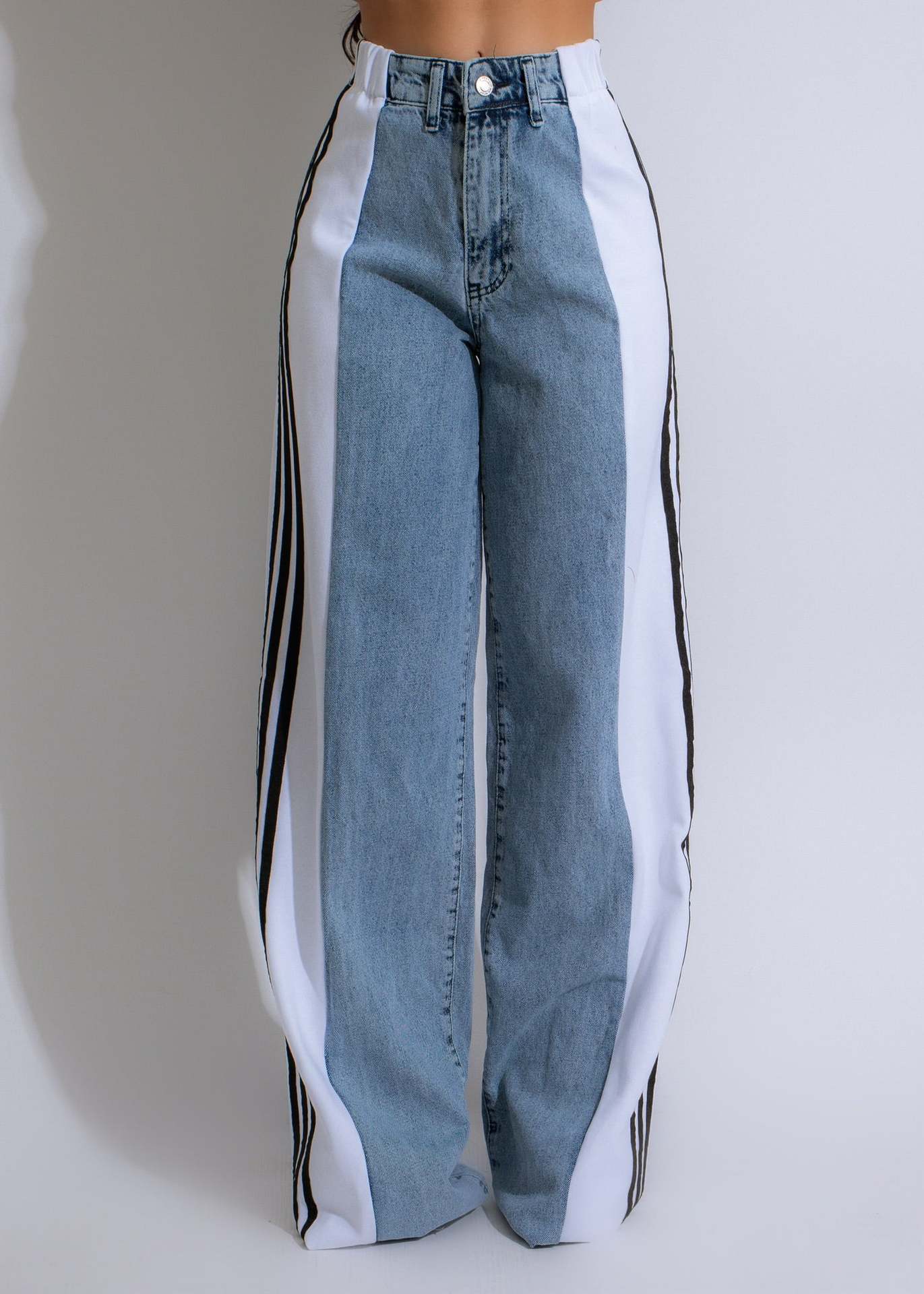 Stylish High Waist Elastic Baggy Pant -  Three Stripe Patchwork Denim Wide Leg Pants Streetwear