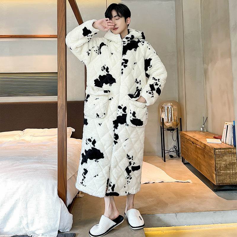Men's Winter Quilted Cow Pajamas - Thick Coral Fleece Bathrobe Homewear Nightgown