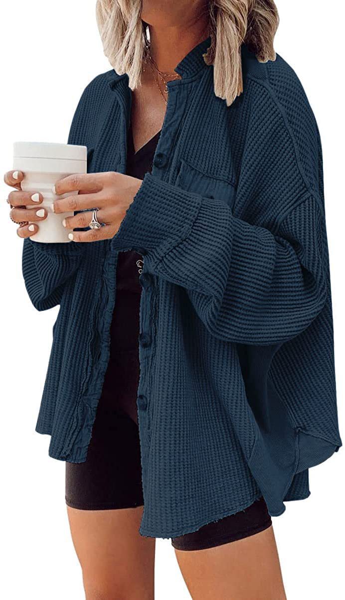 Women Button Shirt Jacket - Lapel Long Sleeve Fashion Jacket