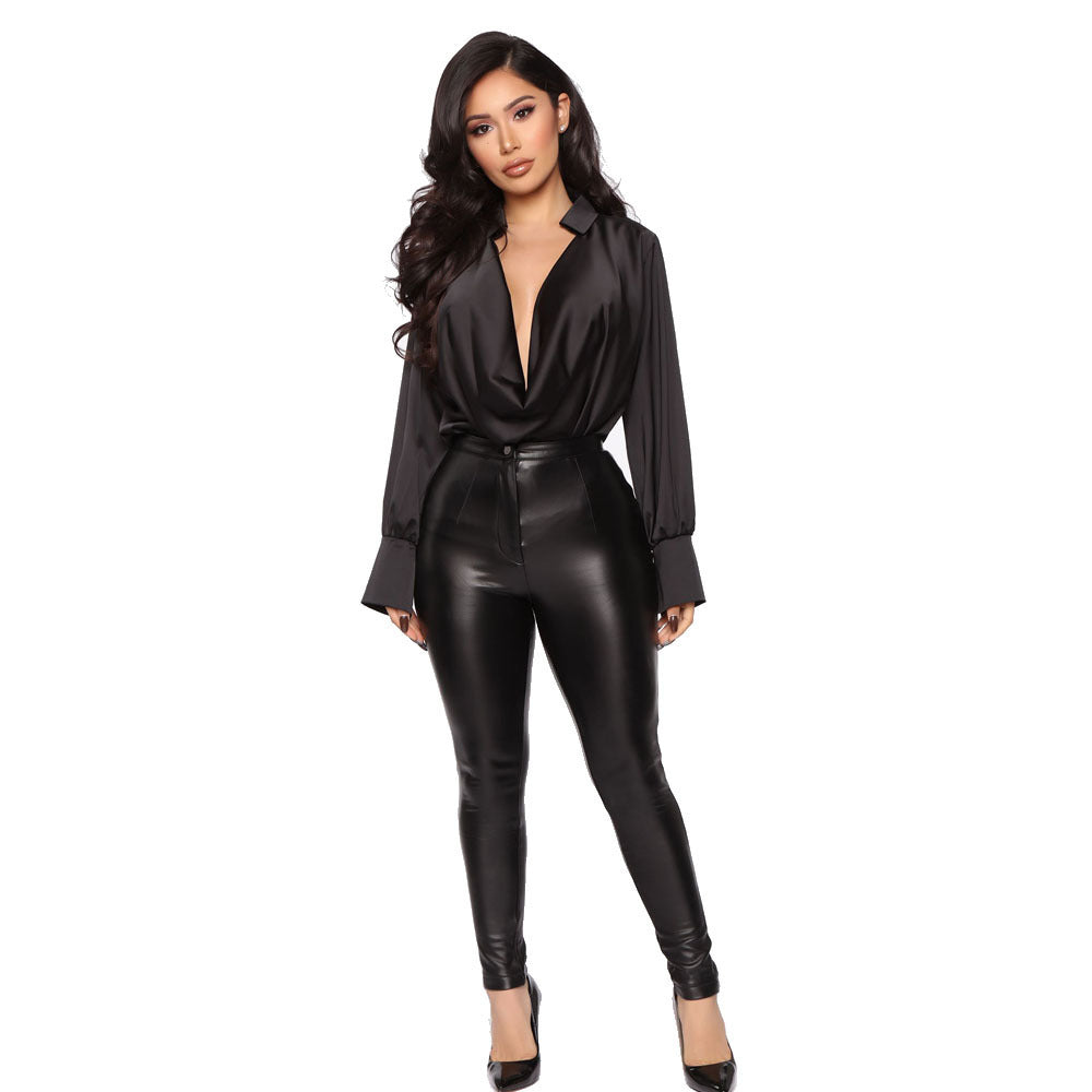 Sexy Long-sleeved Deep V-neck Satin All-match Top