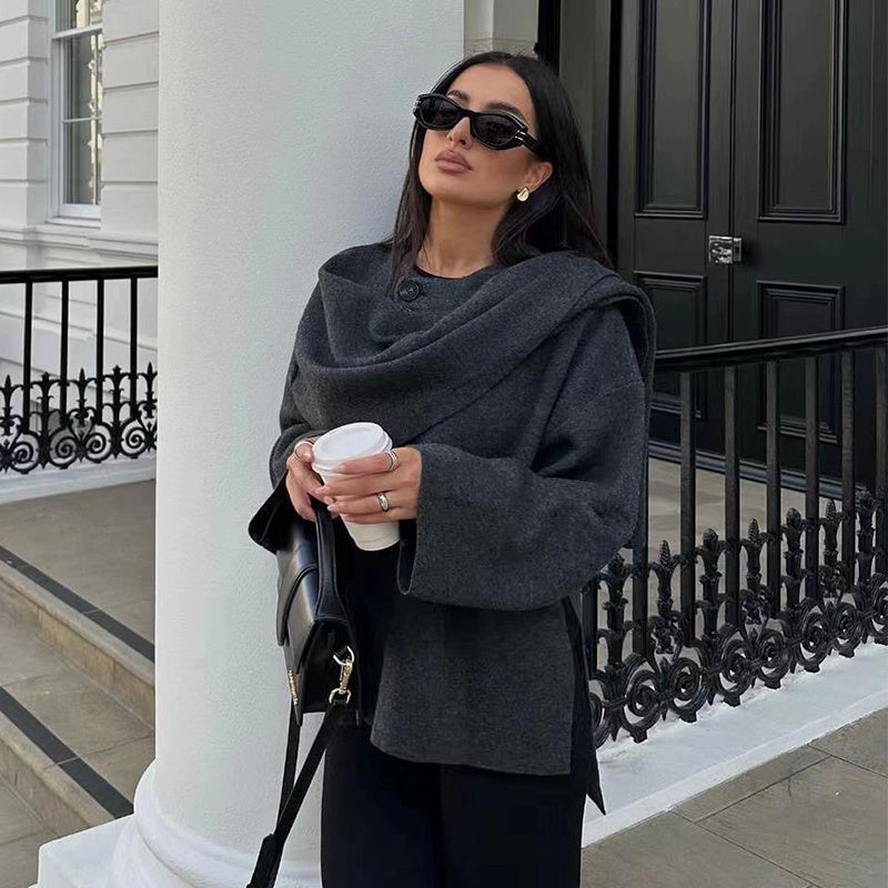 Solid Knitted Cardigan With Asymmetrical Scarf Design - Fashion Short Coat Women Overcoat Jacket Winter