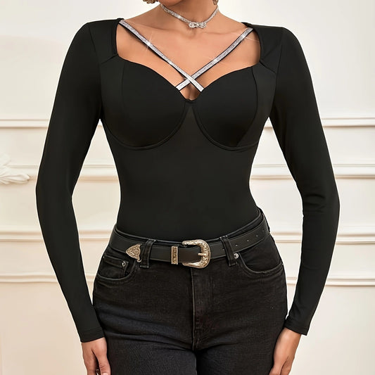 Ladies' V-neck Cross Design Top - V-neck Cross Design Slim Fit Long Sleeved T-shirt Top