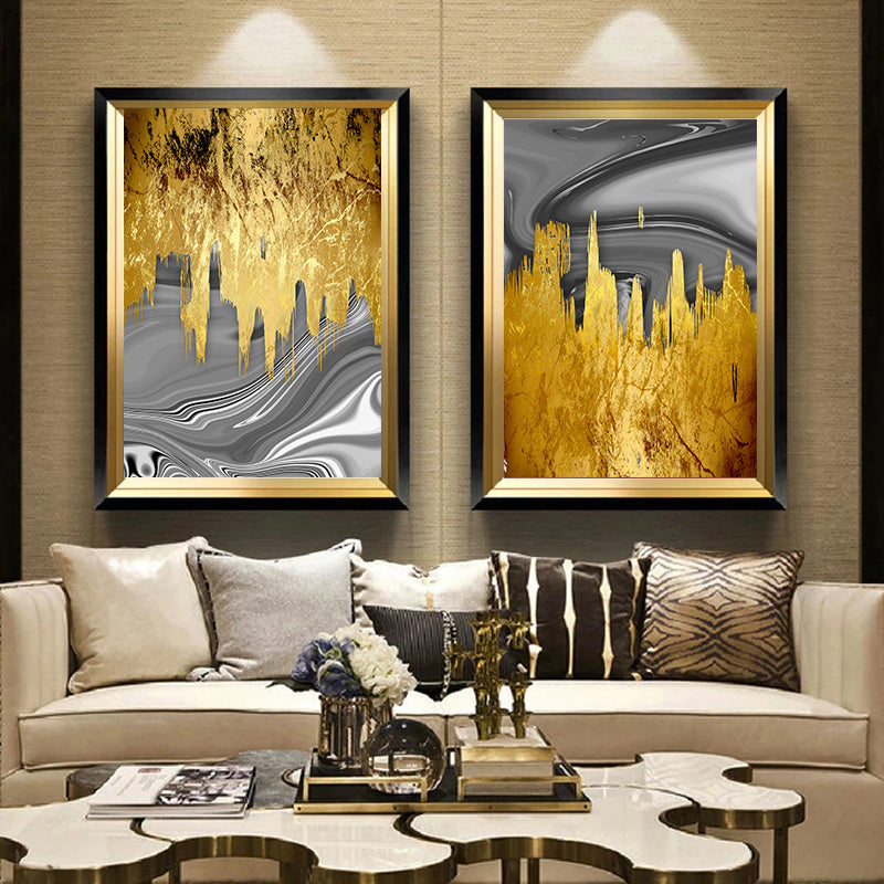 Nordic Gold Grey Abstract Canvas Art – Modern Frameless Oil Painting Poster
